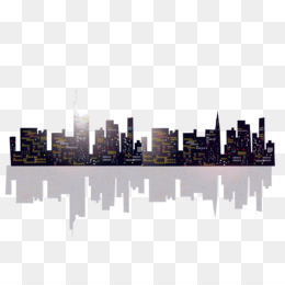 Silhouetted city skyline at night with glowing windows and reflective water below, on transparent background.