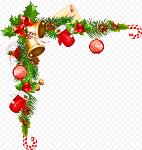 Festive Christmas corner decoration with holly, pine, red ornaments, bells, mittens, candy canes, and a letter to Santa.