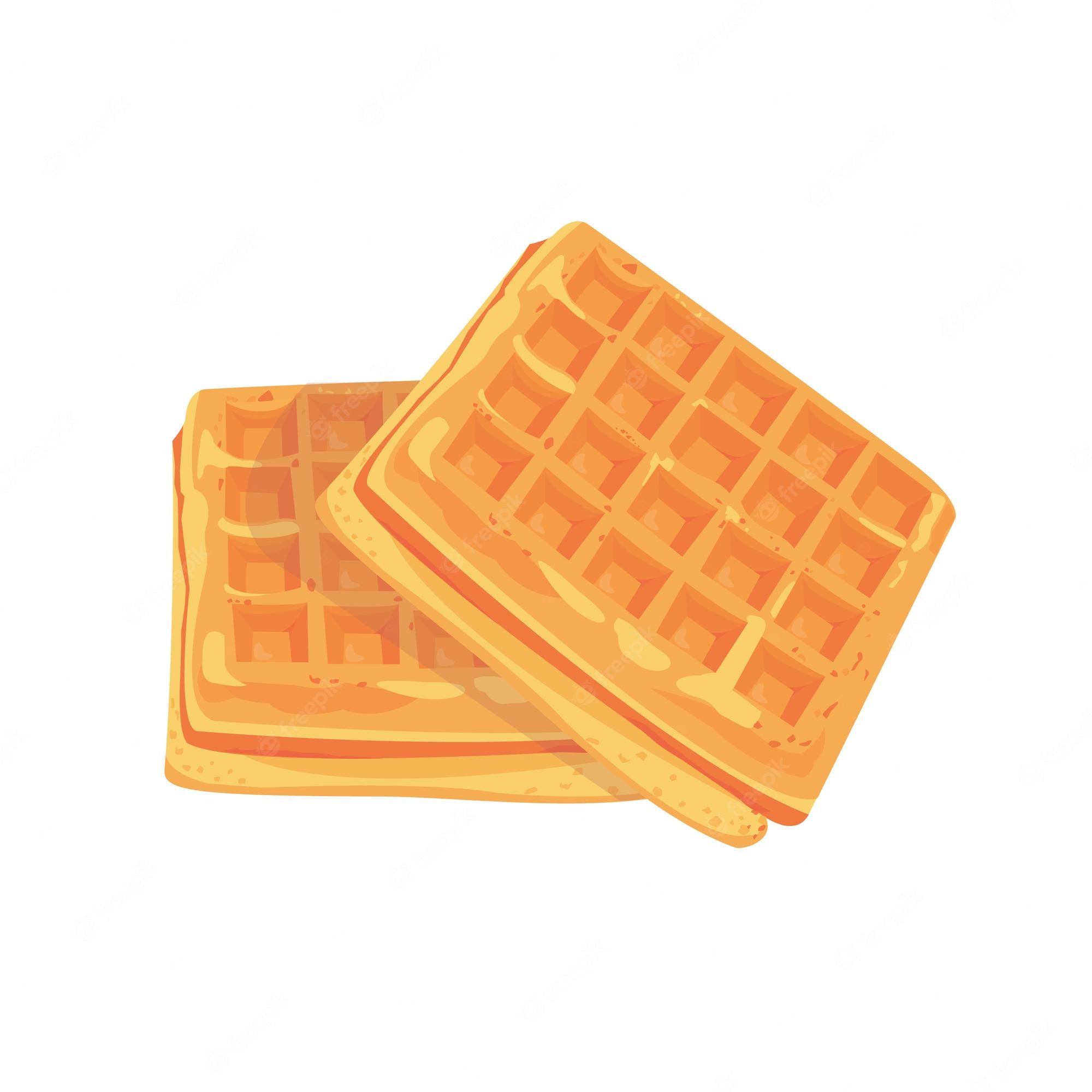 Two golden-brown square waffles stacked at an angle, with classic grid pattern and slight texture highlights.