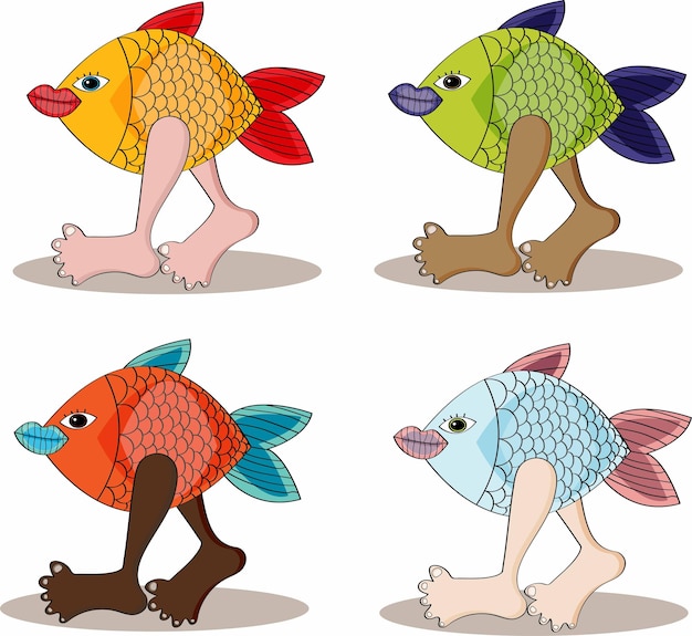 Four colorful cartoon fish with human legs walking-yellow, green, red, and blue-each with expressive lips and detailed scales.