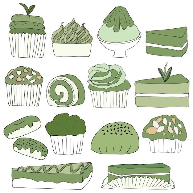 Collection of hand-drawn green-themed desserts including cupcakes, matcha rolls, cakes, and pastries.
