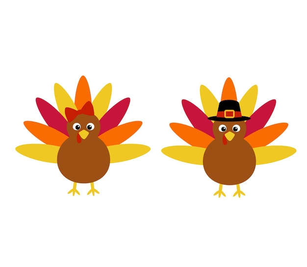 Two cartoon turkeys with colorful feathers; one wears a pilgrim hat, the other a red bow.