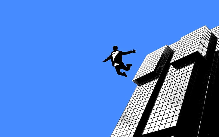 Silhouetted businessman leaping from a modern glass skyscraper against a vivid blue sky.