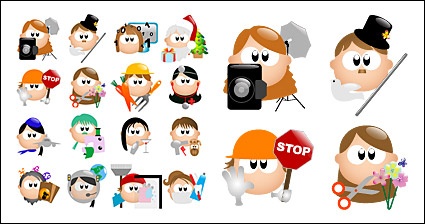 Collection of colorful cartoon avatars depicting diverse professions including photographer, chef, nurse, artist, and more.