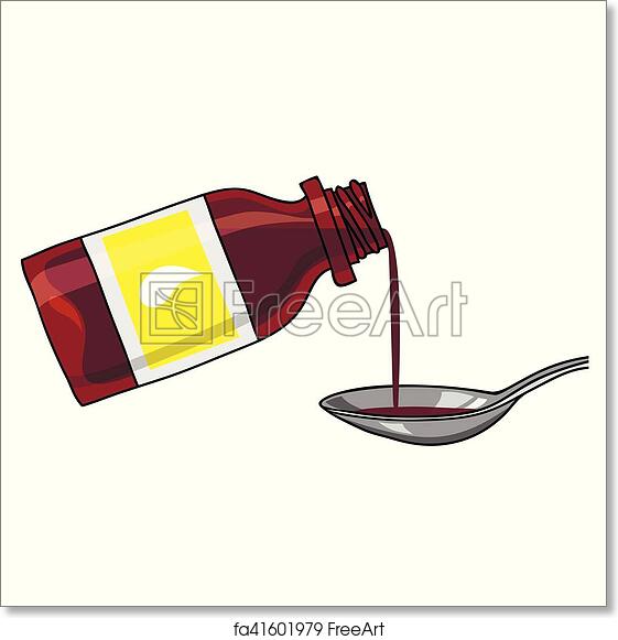 A red liquid medicine bottle pouring syrup into a metal spoon.