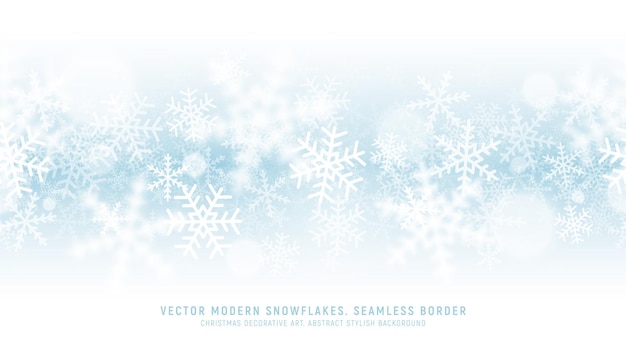 Modern seamless border of stylized white snowflakes on soft blue gradient background, ideal for winter or holiday designs.