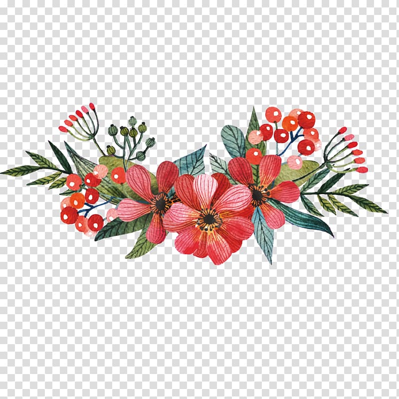 Watercolor floral arrangement with red-orange blossoms, berries, and green leaves on transparent background.