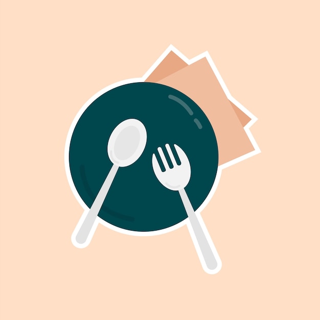 Dark green plate with white fork and spoon,叠ed napkin in background-minimalist dining icon.
