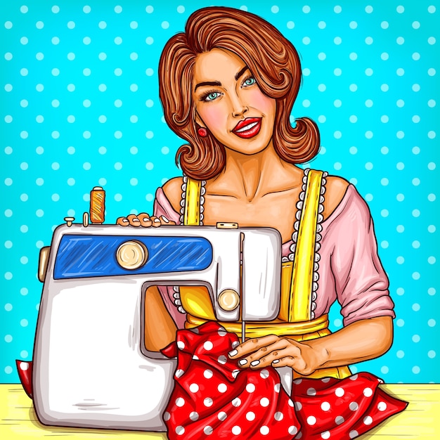 Retro Sewing Illustration - Pop Art Seamstress with Vintage Machine