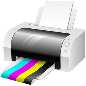 White inkjet printer outputting CMYK color test strip with paper feeding through.