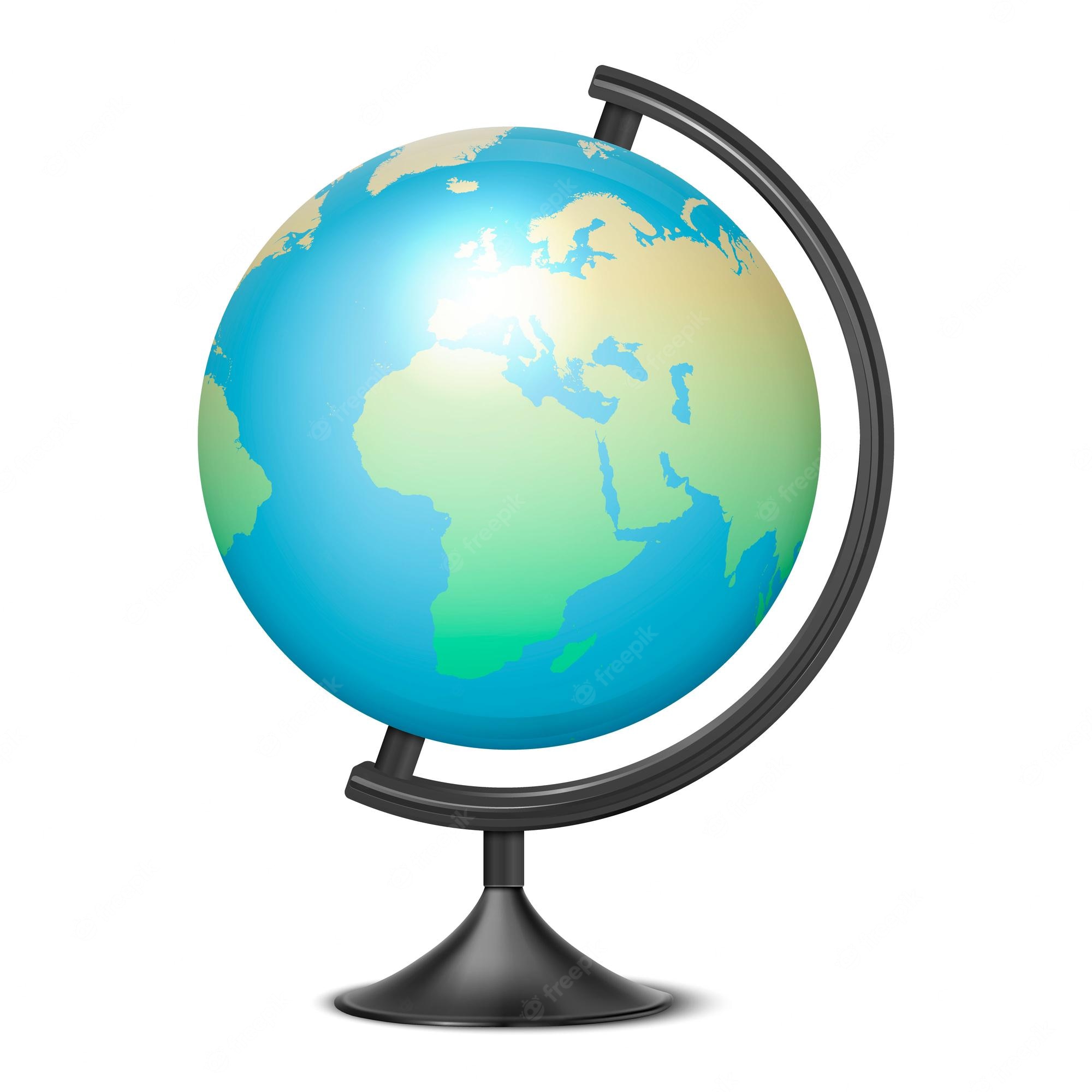 Blue and green globe on black stand showing Africa, Europe, and Asia under bright highlight.