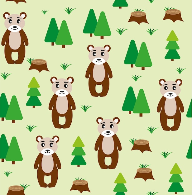 Cute cartoon bears standing in a forest with green trees and tree stumps on a light green background.