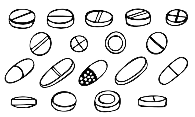 Hand-drawn black-and-white illustrations of various pills, tablets, and capsules in different shapes and markings.