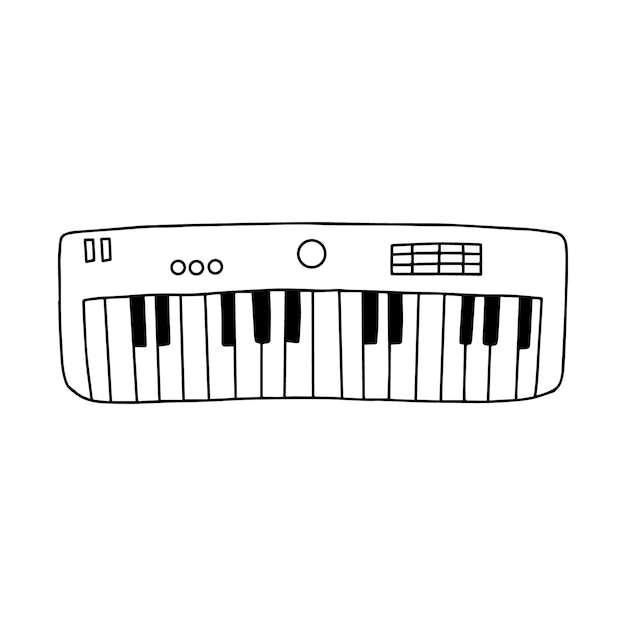 Hand-drawn sketch of a compact digital keyboard with control buttons and display grid.