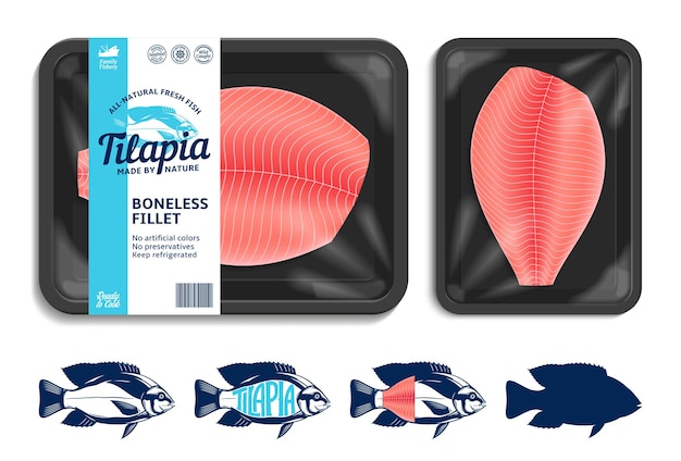 Tilapia boneless fillet packaging with brand label and fish illustrations showing whole, branded, sliced, and silhouette versions.