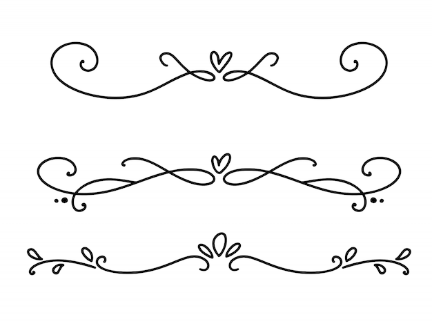 Three elegant black-and-white hand-drawn decorative dividers with swirls, hearts, and leaf motifs on white background.