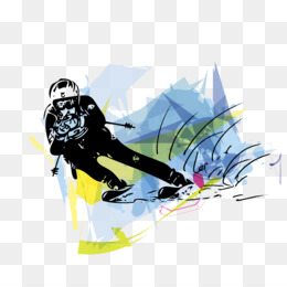 Dynamic skier in action with colorful abstract motion trails and helmeted posture.