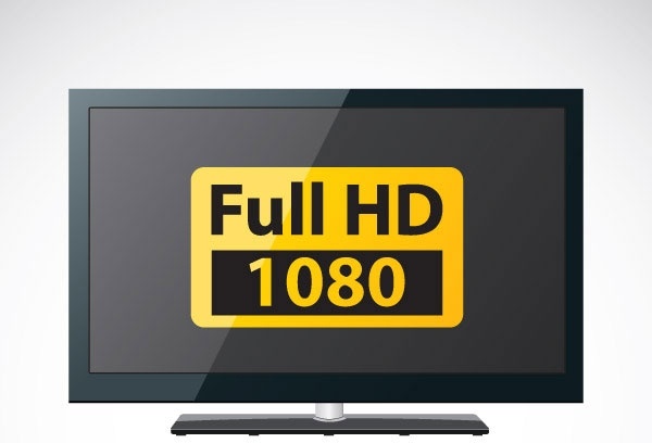 Flat-screen TV displaying a yellow "Full HD 1080" logo on a dark screen.