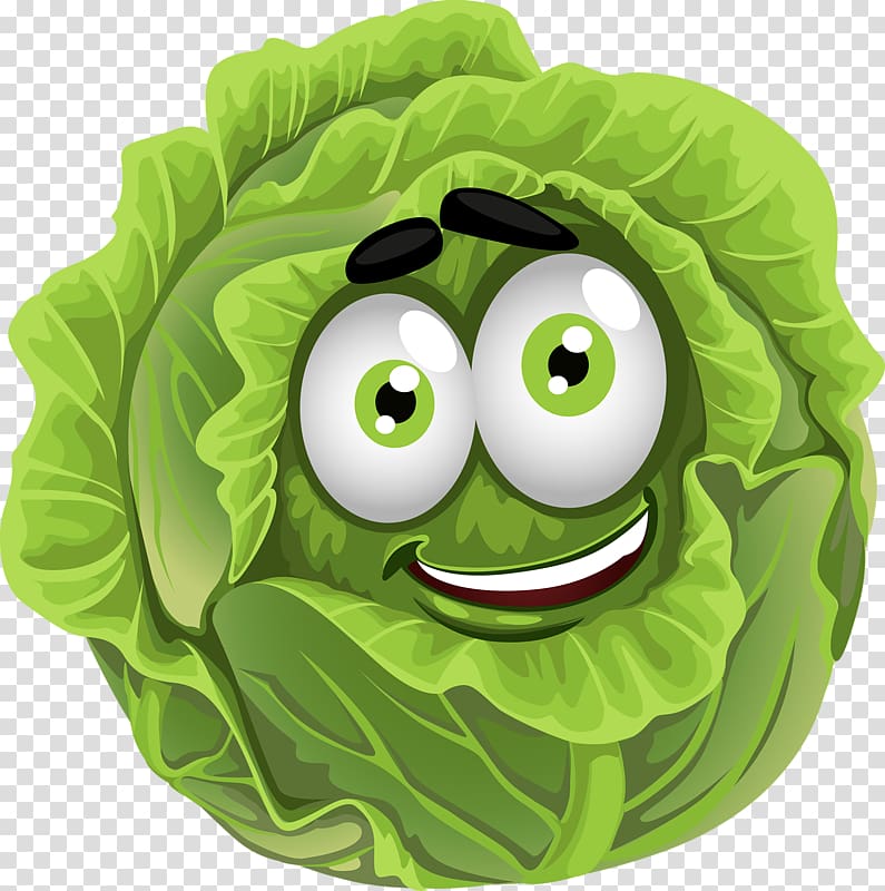 Smiling cartoon cabbage with big green eyes and expressive eyebrows on transparent background.