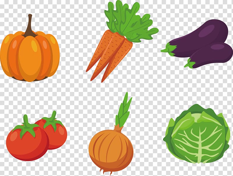 Colorful cartoon-style vegetables including pumpkin, carrots, eggplant, tomatoes, onion, and cabbage on transparent background.
