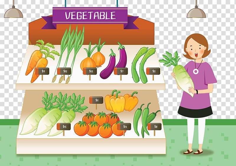 A cheerful woman holds a daikon radish beside a two-tier vegetable display with price tags, under a "VEGETABLE" banner.
