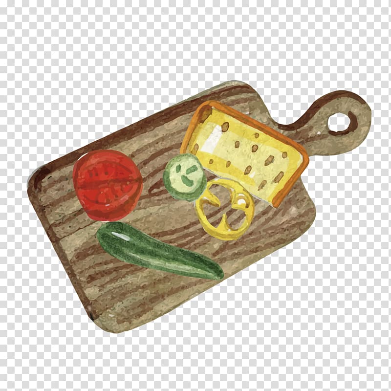 Watercolor illustration of fresh vegetables and cheese on a wooden cutting board.