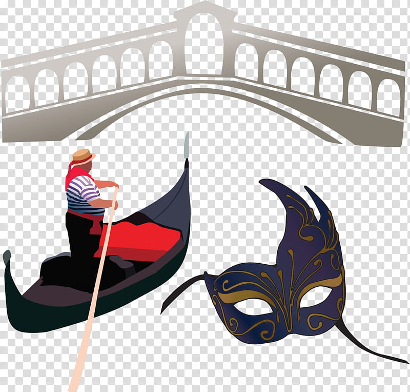 Gondolier in striped shirt rows a gondola beneath Rialto Bridge, beside an ornate Venetian carnival mask.