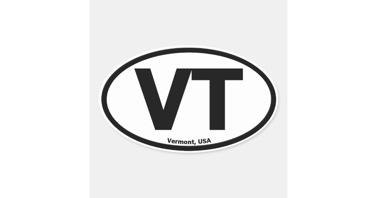 Black oval sticker with bold "VT" letters and "Vermont, USA" below, on white background.