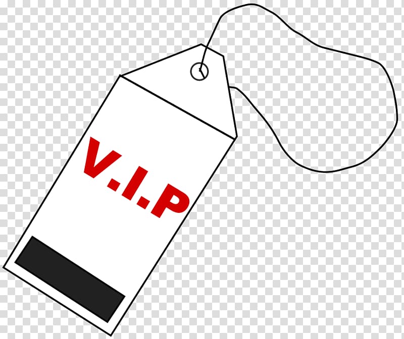 White VIP tag with red "V.I.P" text and black bar, attached by string on transparent background.