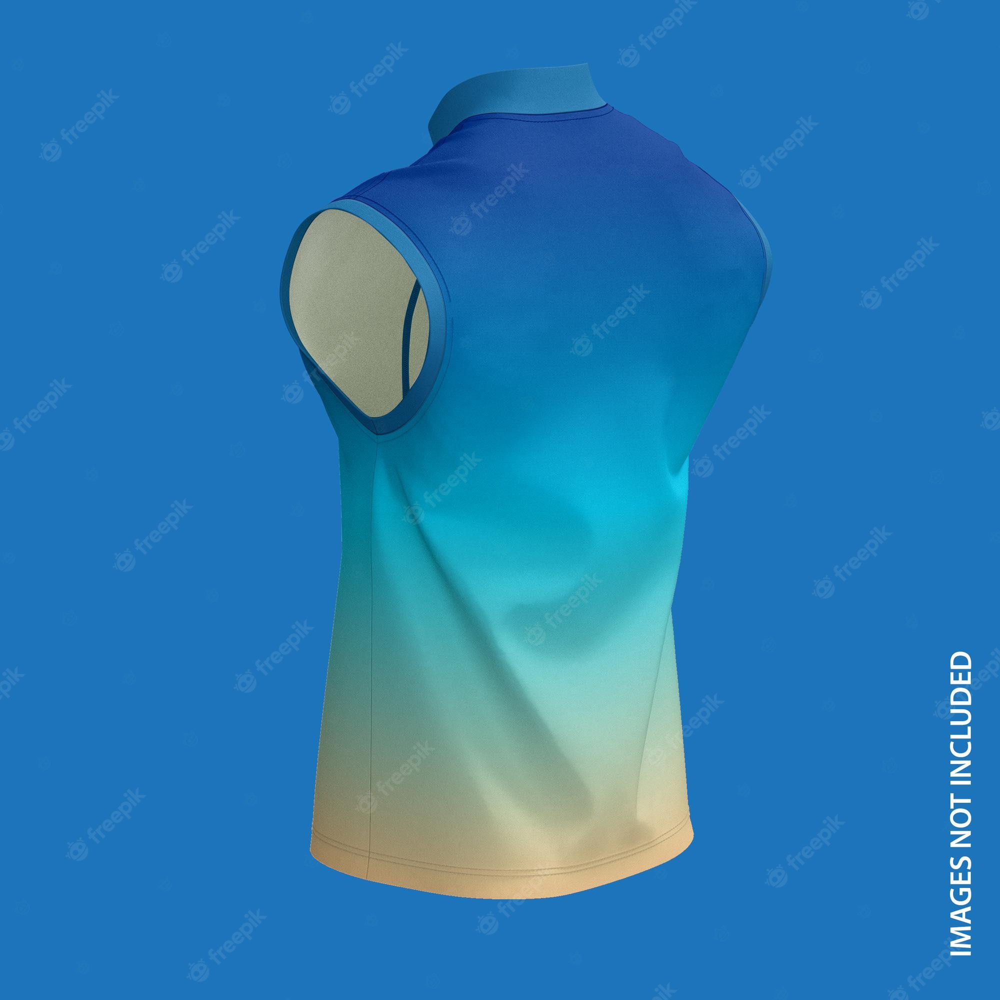 Back view of a sleeveless athletic top with blue-to-cream gradient, displayed on a mannequin against blue background.