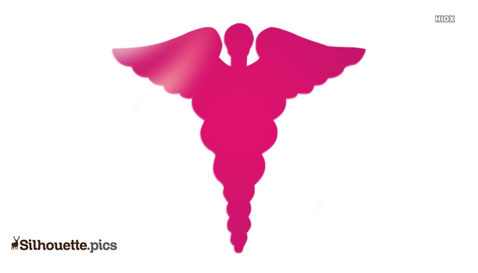 Pink caduceus symbol with wings and intertwined snakes, representing medicine and healthcare.