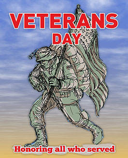 Veteran in camouflage uniform marching with American flag, honoring all who served on Veterans Day.
