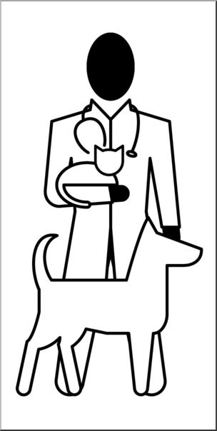 Veterinarian holding a cat with a dog beside them, black-and-white line illustration.