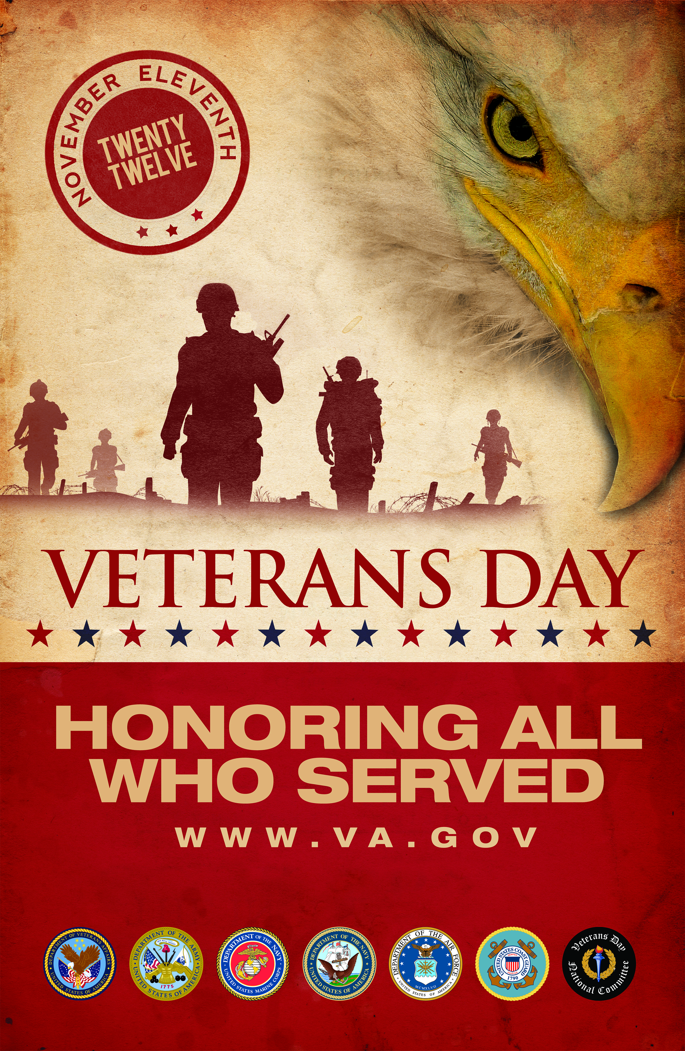 Veterans Day poster with eagle, soldier silhouettes, and military branch emblems honoring all who served.