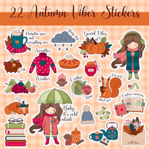 22 autumn-themed sticker illustrations including cozy sweaters, pumpkins, rain, squirrels, and warm drinks on a checkered background.