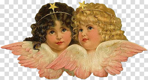 Two vintage cherub angels with wings and star crowns, one dark-haired and one blond, in classic Victorian illustration style.