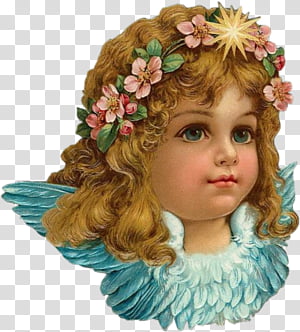Vintage illustration of a cherubic angel with curly hair, floral crown, and blue wings.
