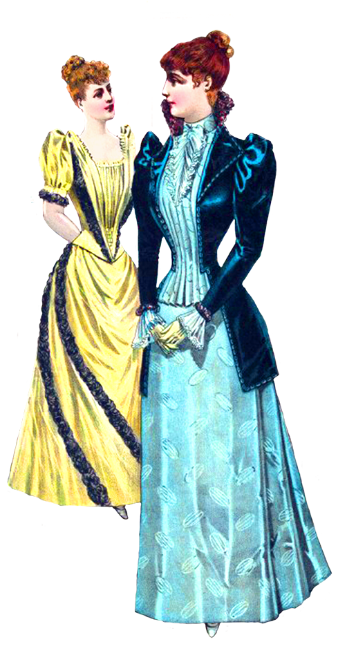 Two women in late 19th-century Victorian fashion: one in a yellow gown with black trim, the other in a blue silk dress with velvet jacket.