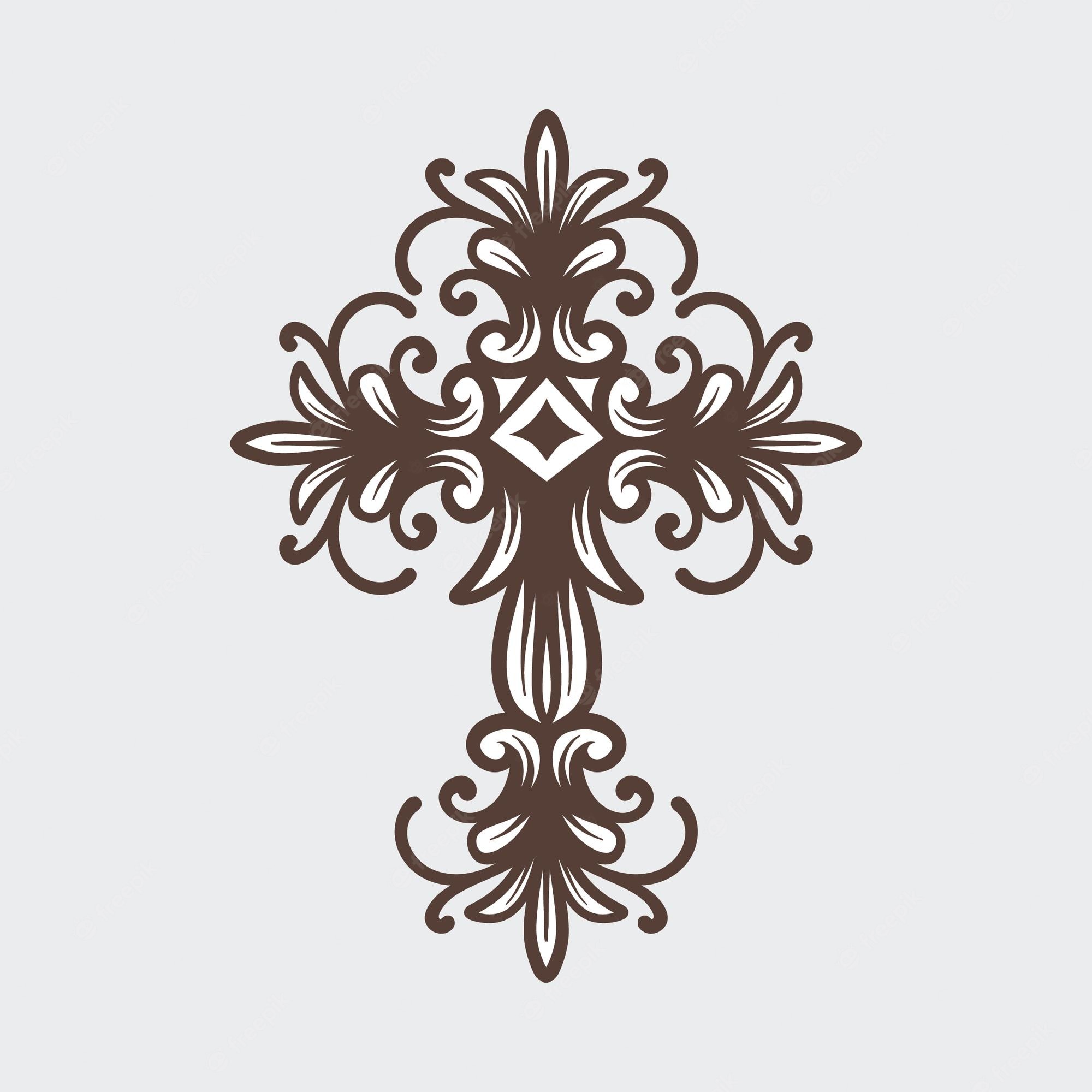 Ornate brown and white decorative cross with baroque-style flourishes and symmetrical scrollwork.