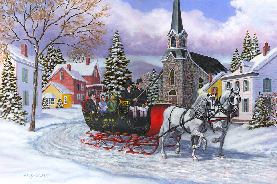 Winter Sleigh Ride Painting - Festive Village Scene with Church and Snow