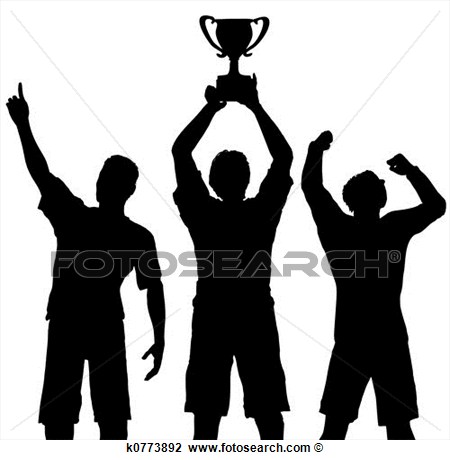 Three silhouetted athletes celebrating victory-center figure lifts a trophy aloft while others cheer triumphantly.