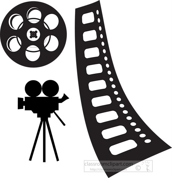 Black-and-white icons of a film reel, strip of film, and vintage movie camera on tripod.