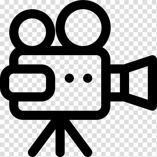 Black-and-white line icon of a vintage film camera on a tripod with two reels and lens.