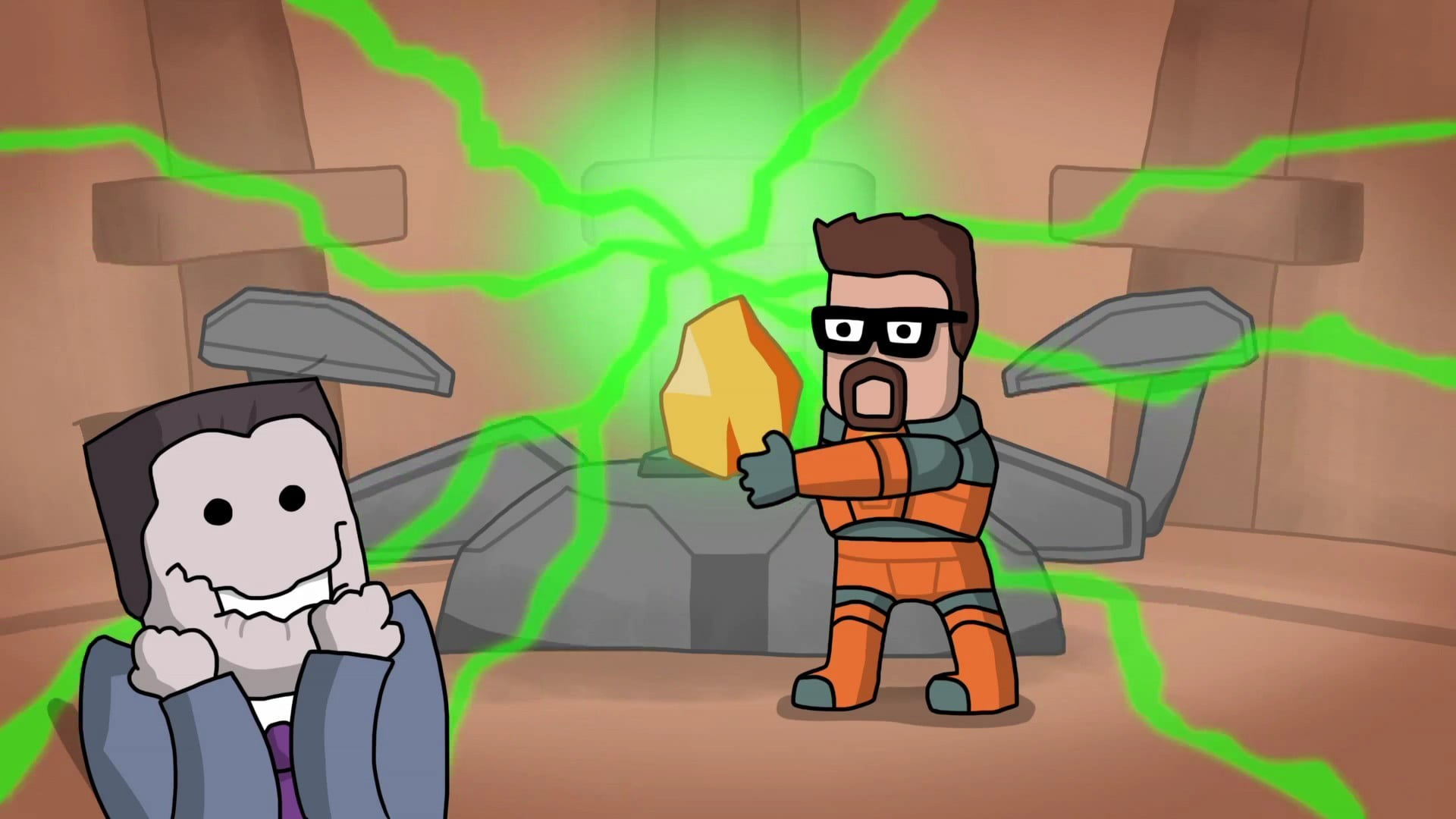 A cartoon scientist in orange suit holds a glowing yellow crystal as green energy surges around him, while a grinning skeletal figure watches.
