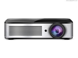 Sleek silver and black portable projector with purple-tinted lens and ventilation grille.