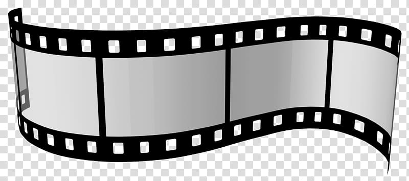 Black-and-white illustrated film strip with four blank frames and sprocket holes, curved against transparent background.