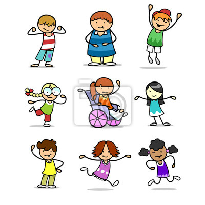 Nine diverse cartoon children including one in a wheelchair, smiling and playing joyfully.