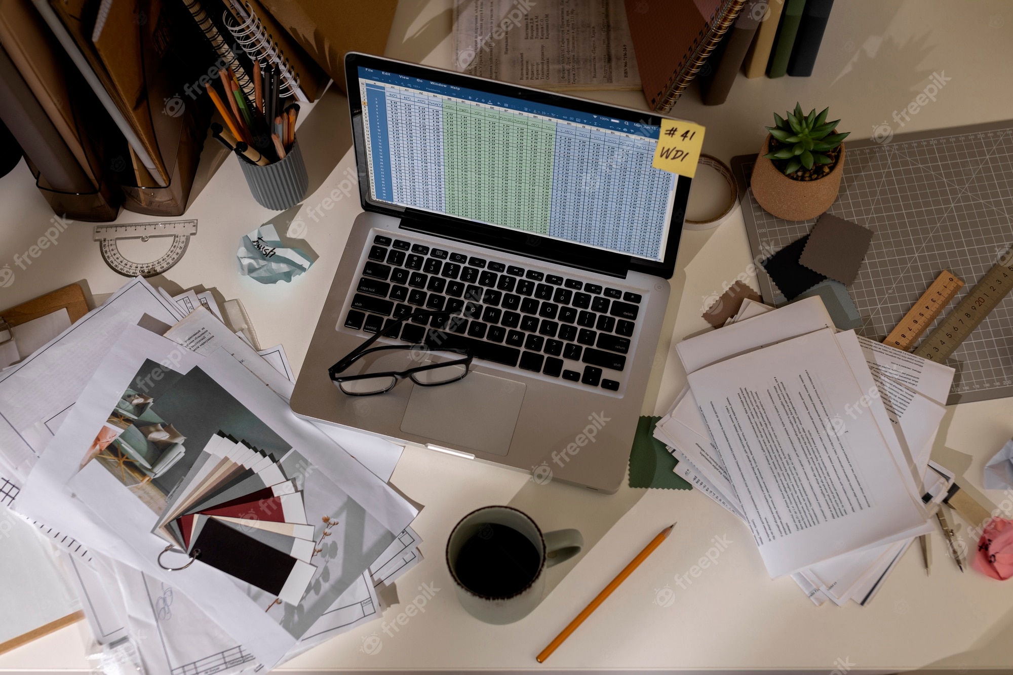 Overhead view of a cluttered creative workspace with laptop, color swatches, papers, glasses, and a succulent plant.