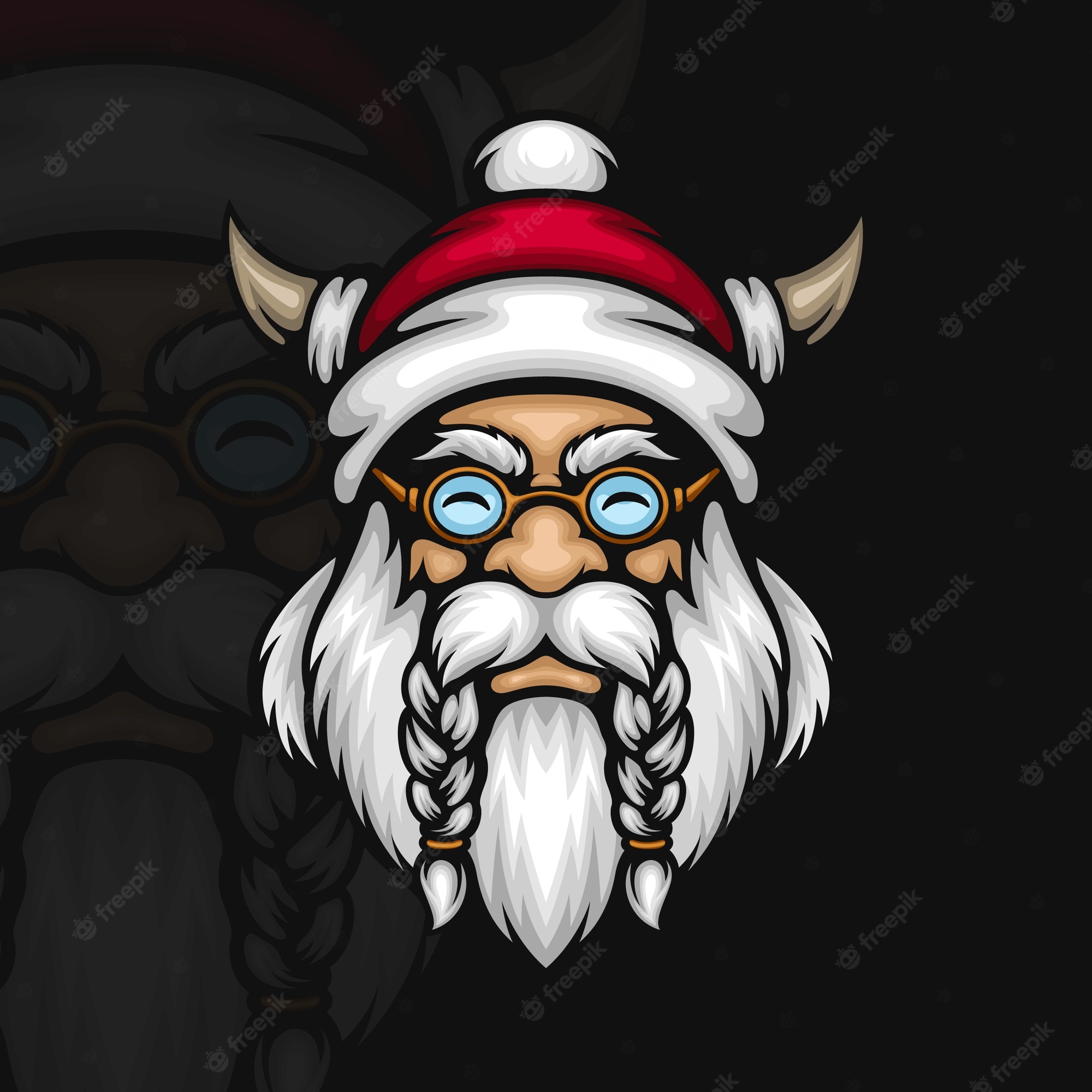 Viking Santa Claus mascot with braided beard, horned hat, and round glasses on dark background.