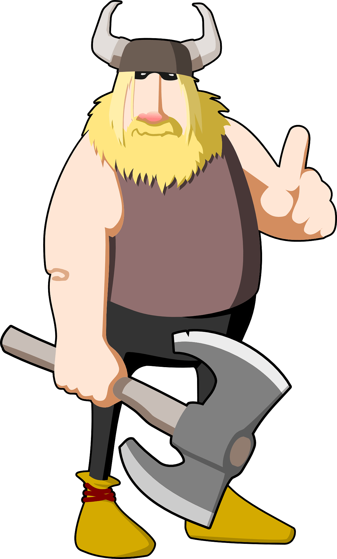 Cartoon Viking with horned helmet, blonde beard, holding axe and giving thumbs-up gesture.